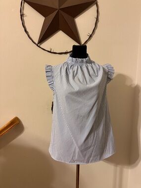 Striped Ruffle Sleeve High-Neck Blouse - Blue/White